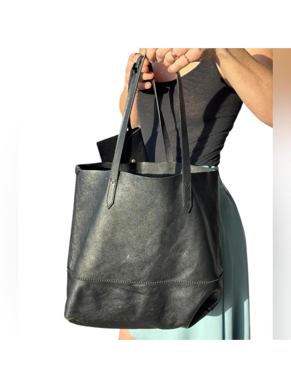 J.Crew Black Leather Tote Bag with Matching Pouch